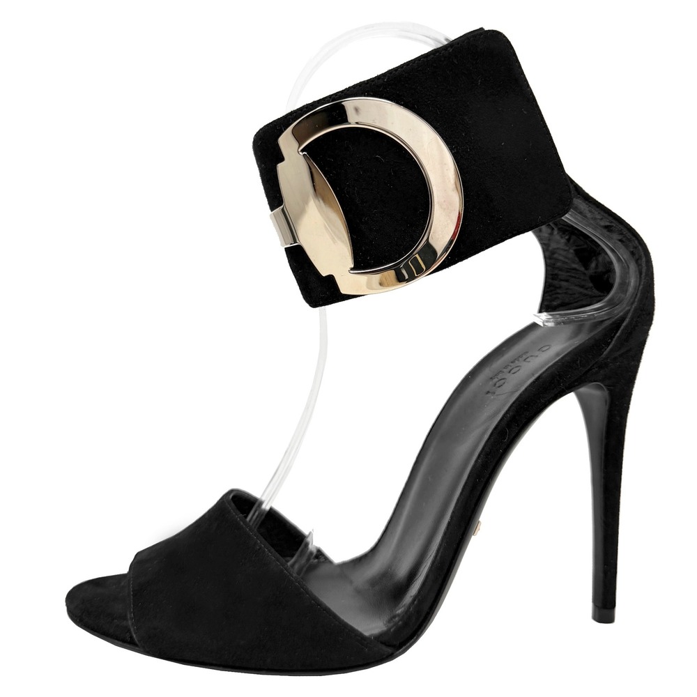 Gucci Black Suede D Ring Ankle Strap Stiletto‎ Heels Sandals Size 37